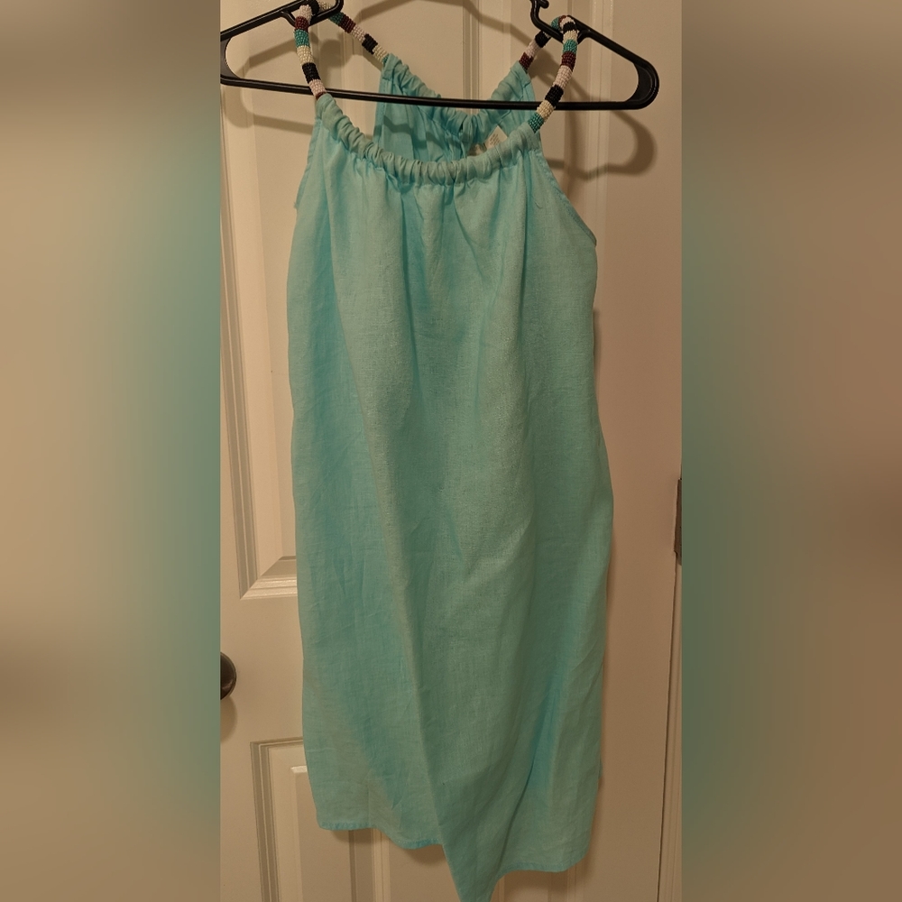 Light Blue Linen Dress with Beaded Necklace Collar